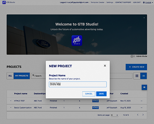 Step 1 in GTB Studio: create a new project